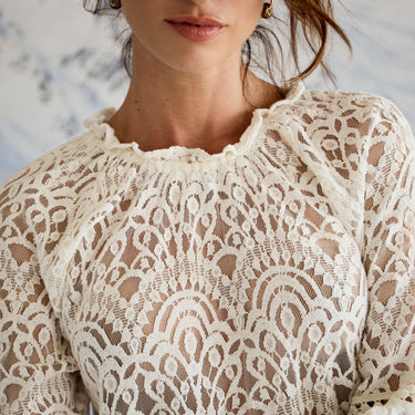 Close-up of a person wearing a white lace top with a blurred background