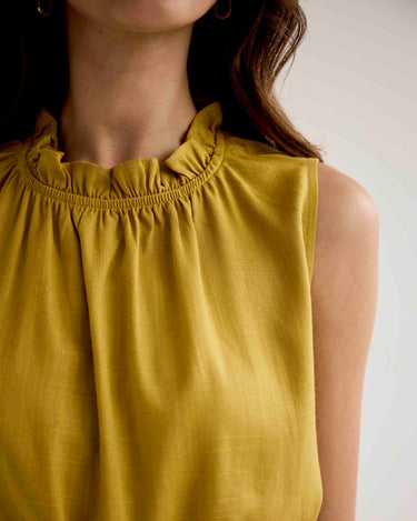 Frill-Neck Top - Chartreuse Slub