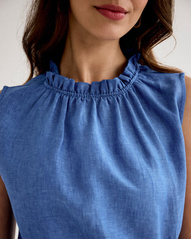 Frill-Neck Top - Blue Linen